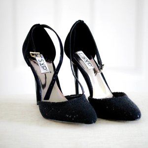 RSVP Black high heels with ankle strap and beaded front